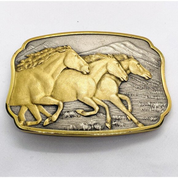 The Historic Providence Mint Belt Buckle Sterling Silver 24K Layered Mustangs